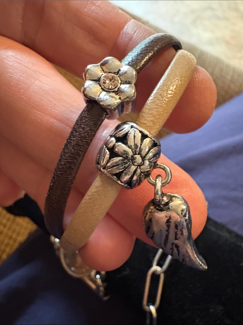 Leather Double-Band Bracelet with Silver Flower & Wing Charm - Brown & Cream - Picture 6 of 8